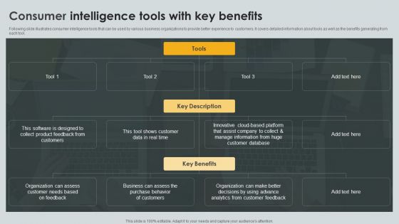 Consumer Intelligence Tools With Key Benefits Ppt PowerPoint Presentation Gallery Graphics Tutorials PDF