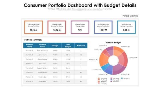 Consumer Portfolio Dashboard With Budget Details Ppt PowerPoint Presentation Styles Graphics Tutorials PDF