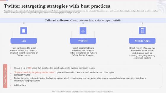 Consumer Retargeting Techniques Twitter Retargeting Strategies With Best Practices Graphics PDF