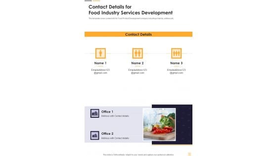 Contact Details For Food Industry Services Development One Pager Sample Example Document