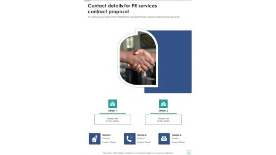 Contact Details For Pr Services Contract Proposal One Pager Sample Example Document