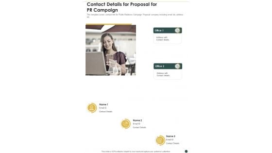 Contact Details For Proposal For PR Campaign One Pager Sample Example Document Contact Details For Proposal For PR Campaign One Pager Sample Example Document