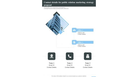 Contact Details For Public Relation Marketing Strategy Proposal One Pager Sample Example Document