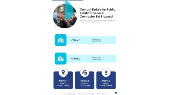 Contact Details For Public Relations Service Contractor Bid Proposal One Pager Sample Example Document Contact Details For Public Relations Service Contractor Bid Proposal One Pager Sample Example Document