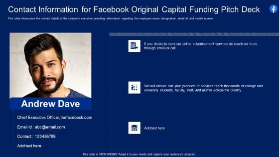 Contact Information For Facebook Original Capital Funding Pitch Deck Topics PDF