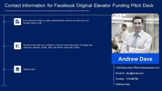 Contact Information For Facebook Original Elevator Funding Pitch Deck Structure PDF