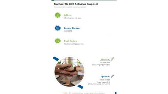 Contact Us CSR Activities Proposal One Pager Sample Example Document