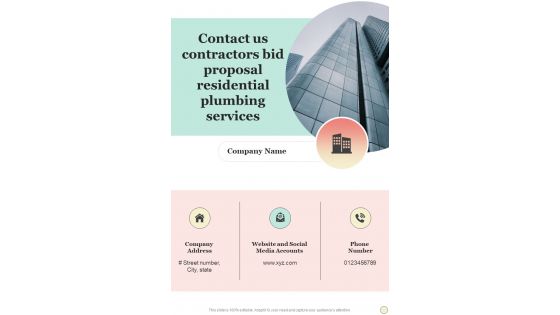 Contact Us Contractors Bid Proposal Residential Plumbing Services One Pager Sample Example Document