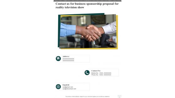Contact Us For Business Sponsorship Proposal For Reality Television Show One Pager Sample Example Document Contact Us For Business Sponsorship Proposal For Reality Television Show One Pager Sample Example Document