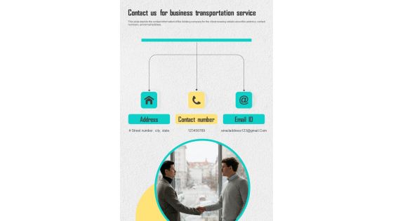 Contact Us For Business Transportation Service One Pager Sample Example Document Contact Us For Business Transportation Service One Pager Sample Example Document