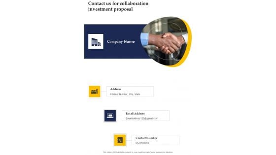Contact Us For Collaboration Investment Proposal One Pager Sample Example Document Contact Us For Collaboration Investment Proposal One Pager Sample Example Document