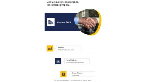 Contact Us For Collaboration Investment Proposal One Pager Sample Example Document