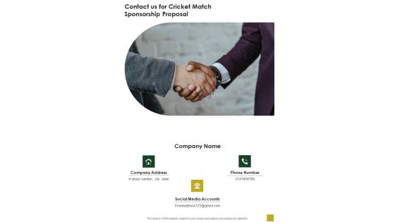 Contact Us For Cricket Match Sponsorship Proposal One Pager Sample Example Document Contact Us For Cricket Match Sponsorship Proposal One Pager Sample Example Document