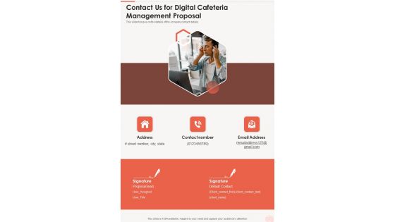 Contact Us For Digital Cafeteria Management Proposal One Pager Sample Example Document Contact Us For Digital Cafeteria Management Proposal One Pager Sample Example Document