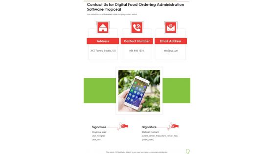 Contact Us For Digital Food Ordering Administration Software Proposal One Pager Sample Example Document Contact Us For Digital Food Ordering Administration Software Proposal One Pager Sample Example Document