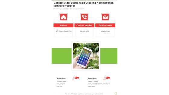 Contact Us For Digital Food Ordering Administration Software Proposal One Pager Sample Example Document