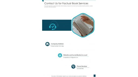 Contact Us For Factual Book Services One Pager Sample Example Document