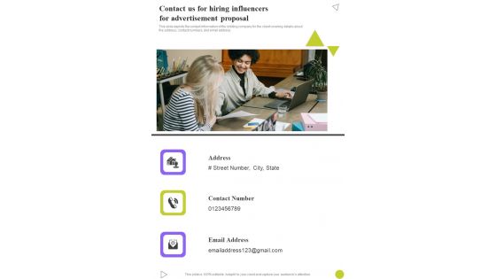 Contact Us For Hiring Influencers For Advertisement Proposal One Pager Sample Example Document Contact Us For Hiring Influencers For Advertisement Proposal One Pager Sample Example Document