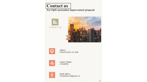 Contact Us For Opex Procedure Improvement Proposal One Pager Sample Example Document Contact Us For Opex Procedure Improvement Proposal One Pager Sample Example Document