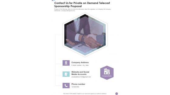 Contact Us For Private On Demand Telecast Sponsorship Proposal One Pager Sample Example Document Contact Us For Private On Demand Telecast Sponsorship Proposal One Pager Sample Example Document