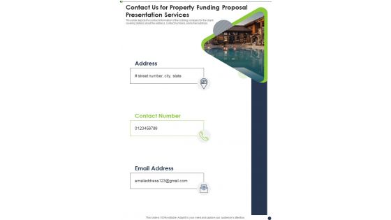 Contact Us For Property Funding Proposal Presentation Services One Pager Sample Example Document