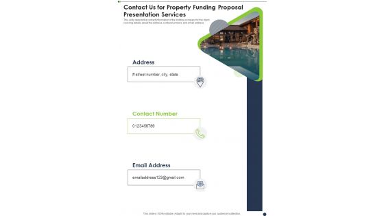 Contact Us For Property Funding Proposal Presentation Services One Pager Sample Example Document Contact Us For Property Funding Proposal Presentation Services One Pager Sample Example Document