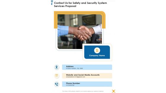Contact Us For Safety And Security System Services Proposal One Pager Sample Example Document