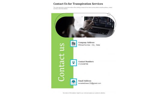 Contact Us For Transpiration Services One Pager Sample Example Document Contact Us For Transpiration Services One Pager Sample Example Document