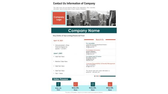 Contact Us Information Of Company One Pager Documents