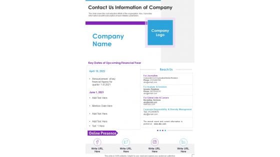 Contact Us Information Of Company Template 340 One Pager Documents
