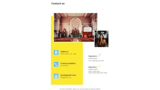 Contact Us Proposal For Church Building Development One Pager Sample Example Document