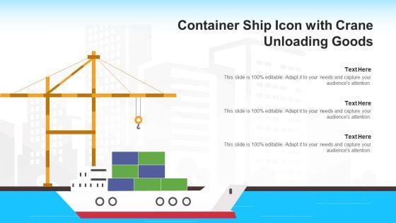 Container Ship Icon With Crane Unloading Goods Ppt PowerPoint Presentation Slides Inspiration PDF