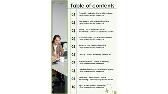 Content Advertising Consultant Proposal For Brands Table Of Contents One Pager Sample Example Document Content Advertising Consultant Proposal For Brands Table Of Contents One Pager Sample Example Document