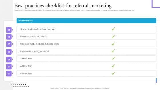Content And Permission Marketing Tactics For Enhancing Best Practices Checklist For Referral Marketing Elements PDF Content And Permission Marketing Tactics For Enhancing Best Practices Checklist For Referral Marketing Elements PDF
