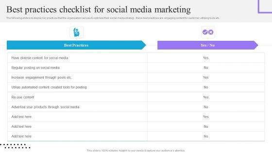Content And Permission Marketing Tactics For Enhancing Business Best Practices Checklist For Social Media Marketing Infographics PDF