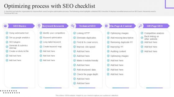 Content And Permission Marketing Tactics For Enhancing Business Revenues Optimizing Process With SEO Checklist Slides PDF