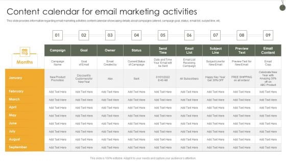 Content Calendar For Email Marketing Activities Graphics PDF