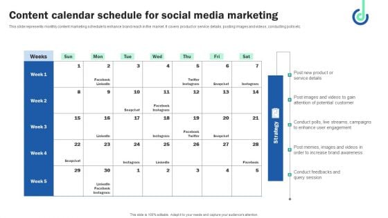 Content Calendar Schedule For Social Media Marketing Demonstration PDF