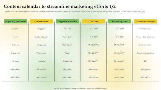 Content Calendar To Streamline Content Marketing Applications For Nurturing Leads Designs PDF