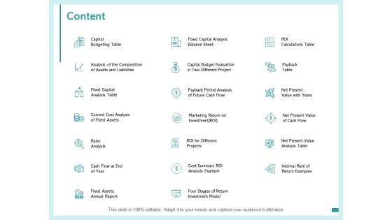 Content Capital Budgeting Table Ratio Analysis Ppt PowerPoint Presentation Slides Layout Ideas