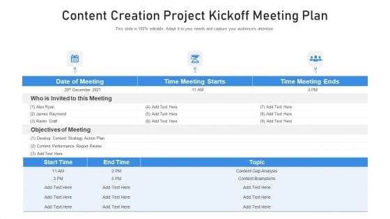 Content Creation Project Kickoff Meeting Plan Ppt PowerPoint Presentation File Graphics Template PDF