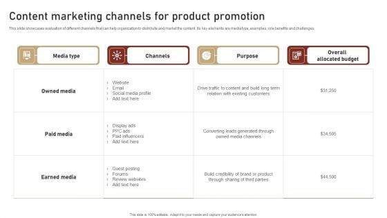 Content Delivery And Promotion Content Marketing Channels For Product Promotion Diagrams PDF