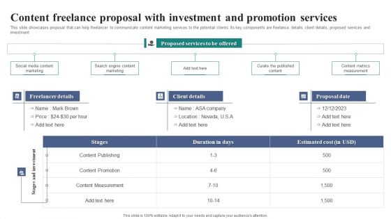 Content Freelance Proposal With Investment And Promotion Services Download PDF