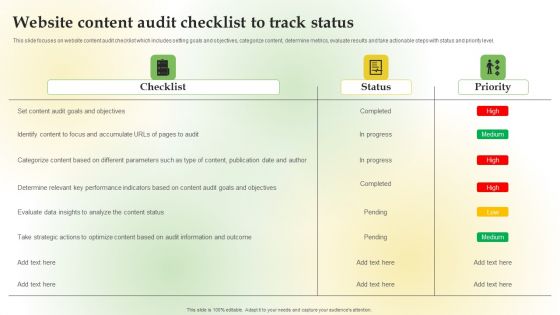 Content Marketing Applications For Nurturing Leads Website Content Audit Checklist To Track Status Background PDF