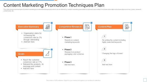 Content Marketing Promotion Techniques Plan Ppt PowerPoint Presentation Gallery Examples PDF