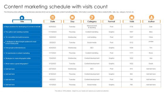 Content Marketing Schedule With Visits Count Portrait PDF