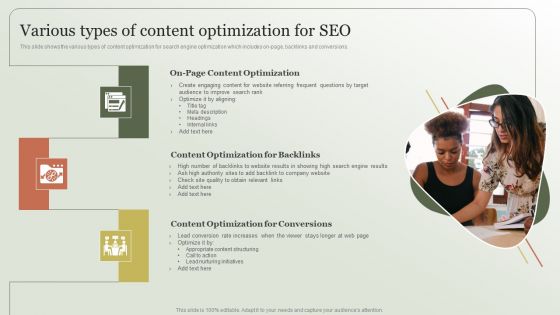 Content Marketing Strategy Various Types Of Content Optimization For Seo Infographics PDF