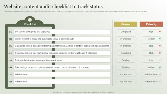 Content Marketing Strategy Website Content Audit Checklist To Track Status Slides PDF