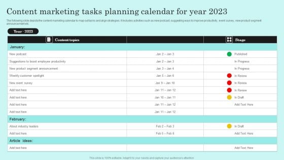Content Marketing Tasks Planning Calendar For Year 2023 Microsoft PDF Content Marketing Tasks Planning Calendar For Year 2023 Microsoft PDF