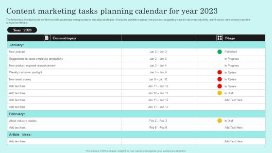 Content Marketing Tasks Planning Calendar For Year 2023 Microsoft PDF